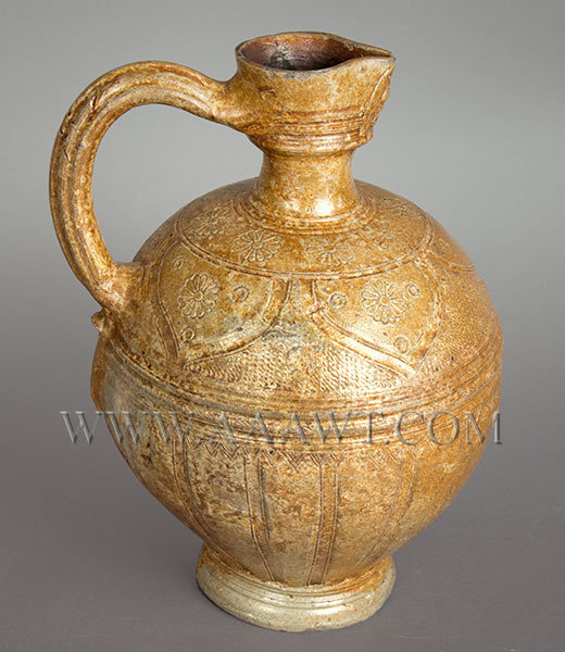 Raeren Saltglaze Stoneware Lipped Jug with Lion Mask, Impressed and Incised
Germany, Circa 1600, entire view 2